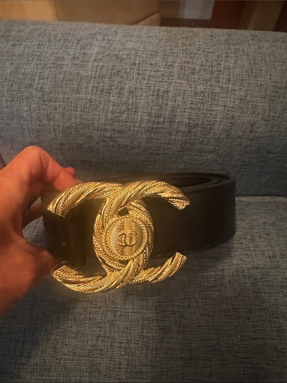 Black Leather Belt with Gold Interlocking CC Buckle